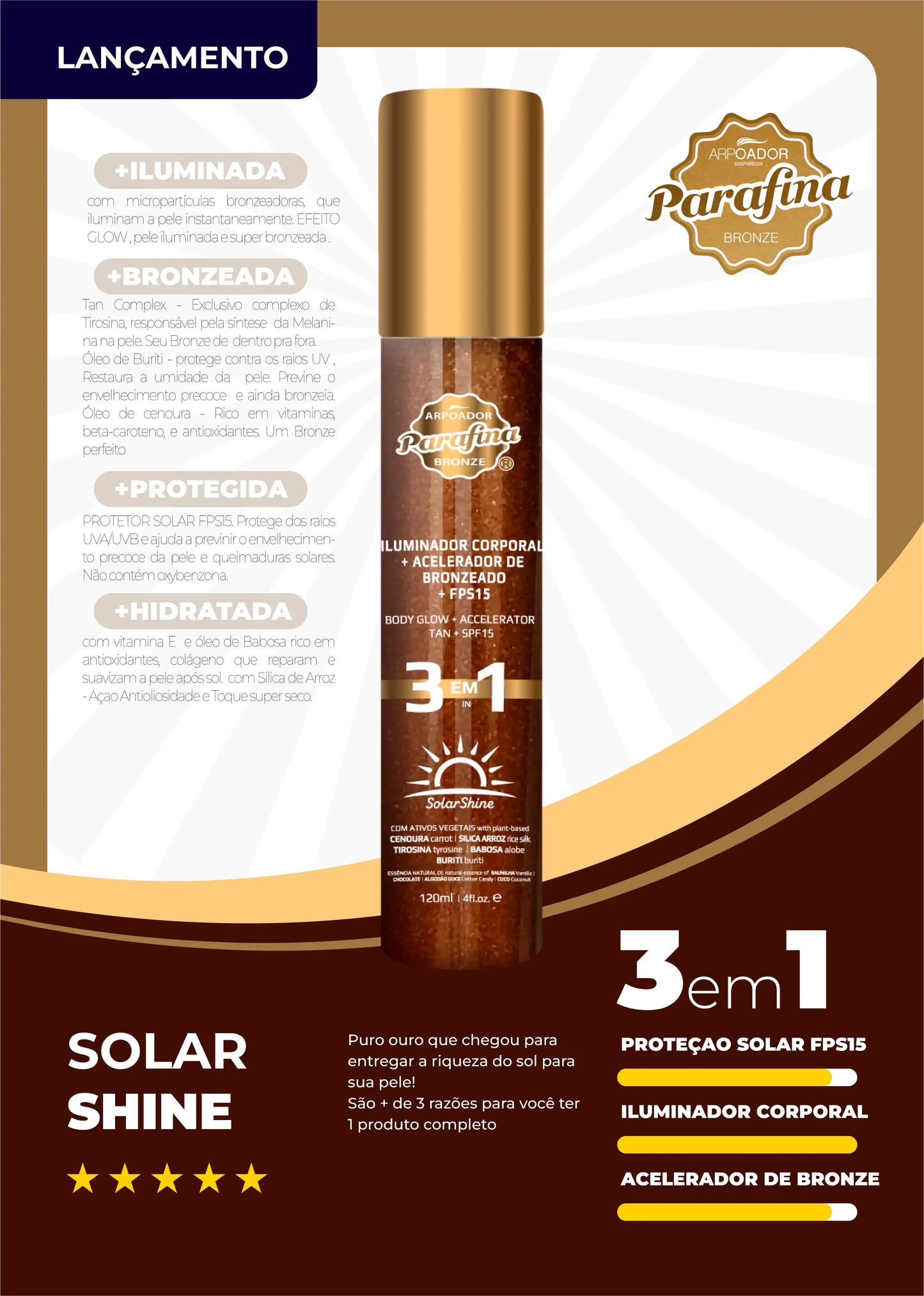 SolarShine 3x1 Glow+Prot.Solar FPS15+Acelerador Bronze (Bronzeamento Super Rápido) Parafina Bronze Arpoador