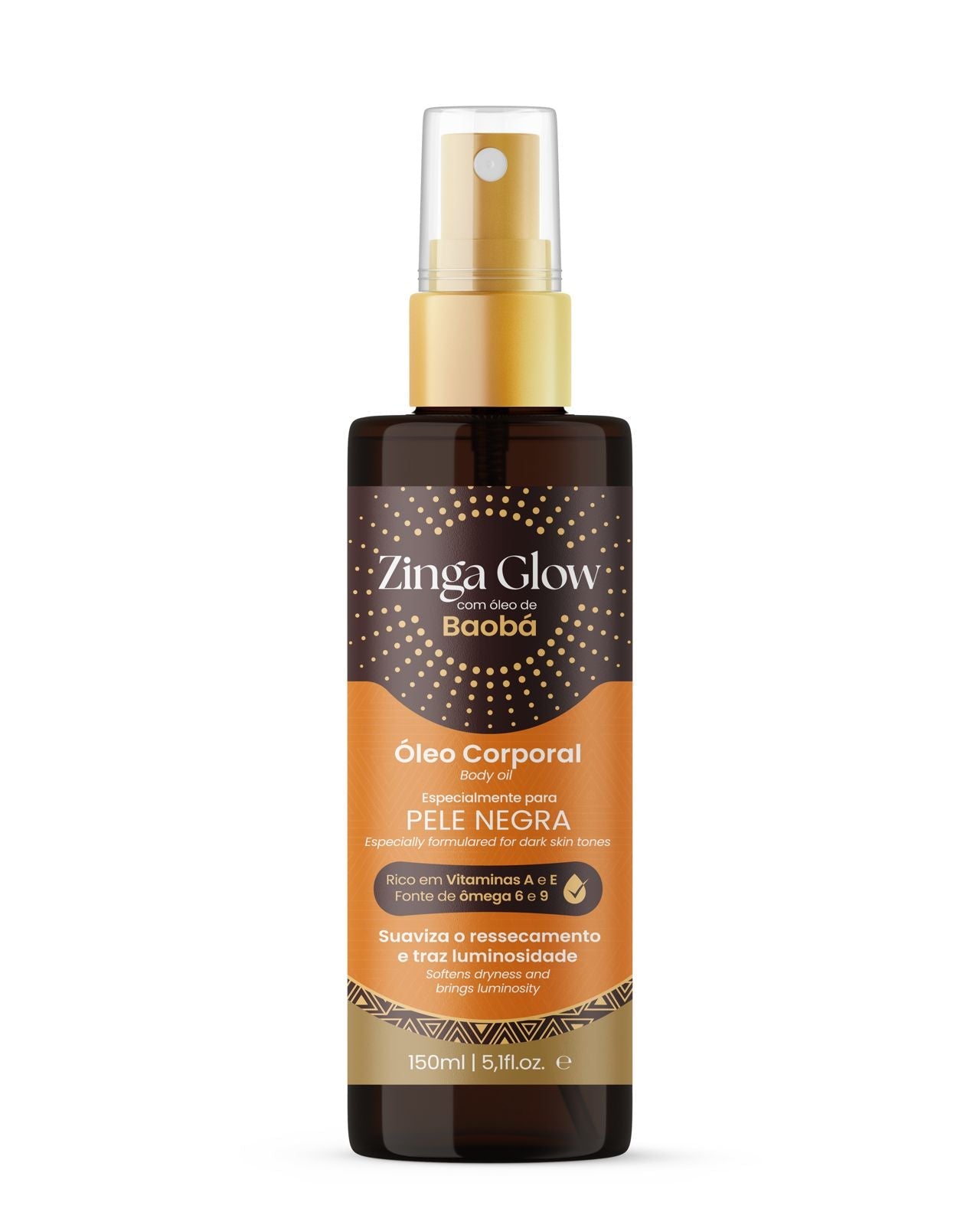 Óleo Corporal de Baobá PELE NEGRA - ZINGA Glow 150ml (Suaviza a Pele Seca) Parafina Bronze Arpoador