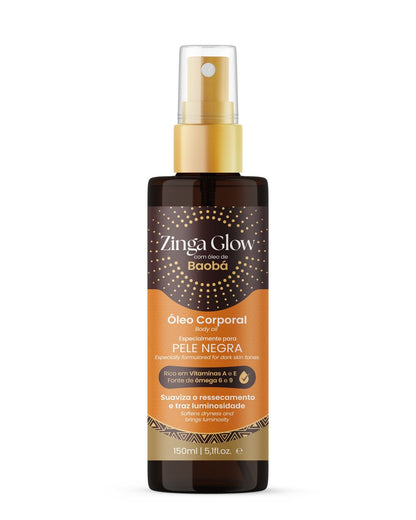 Óleo Corporal de Baobá PELE NEGRA - ZINGA Glow 150ml (Suaviza a Pele Seca) Parafina Bronze Arpoador