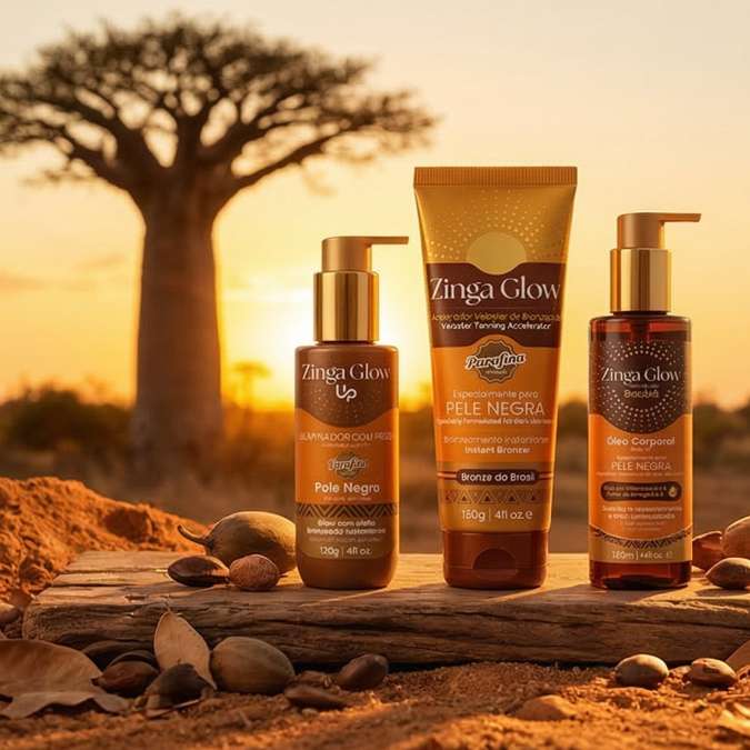 Óleo Corporal de Baobá PELE NEGRA - ZINGA Glow 150ml (Suaviza a Pele Seca) Parafina Bronze Arpoador